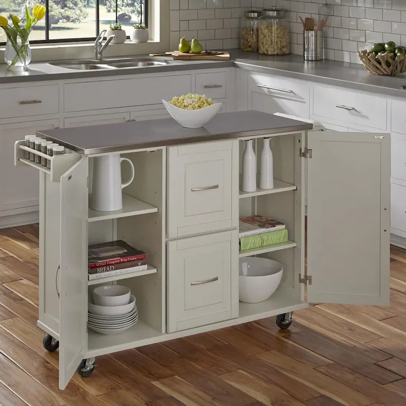 Off-White / Black Wood Kitchen Cart with Stainless Steel Top, 1 Unit