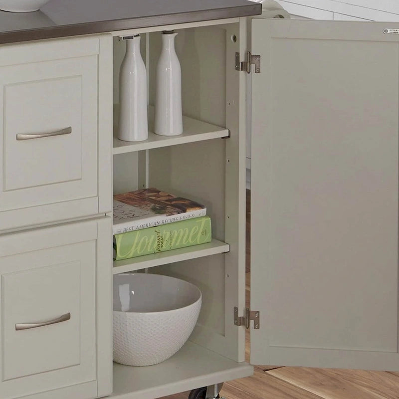 Off-White / Black Wood Kitchen Cart with Stainless Steel Top, 1 Unit
