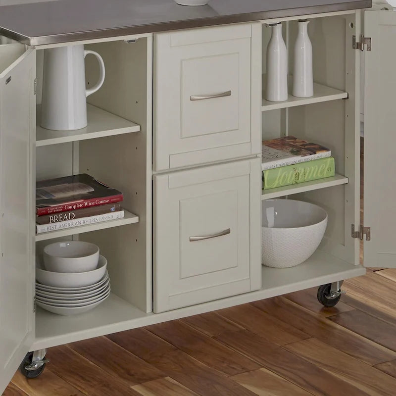 Off-White / Black Wood Kitchen Cart with Stainless Steel Top, 1 Unit