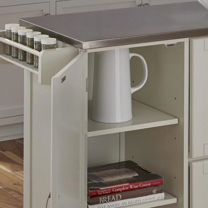 Off-White / Black Wood Kitchen Cart with Stainless Steel Top, 1 Unit
