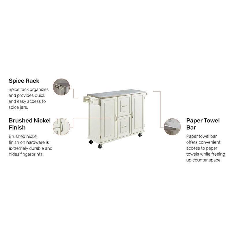 Off-White / Black Wood Kitchen Cart with Stainless Steel Top, 1 Unit