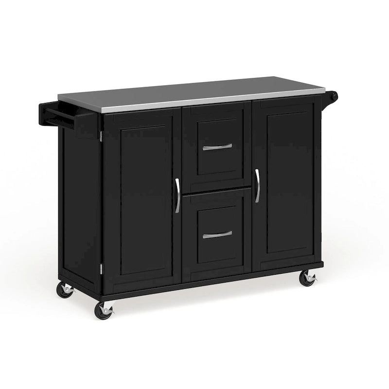 Off-White / Black Wood Kitchen Cart with Stainless Steel Top, 1 Unit