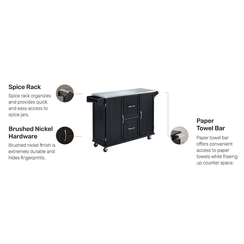 Off-White / Black Wood Kitchen Cart with Stainless Steel Top, 1 Unit