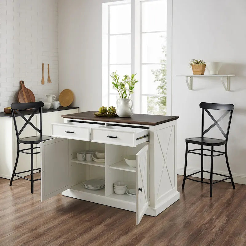 Distressed White Stationary Kitchen Island with Wood Top & 2 Stools