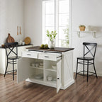 Distressed White Stationary Kitchen Island with Wood Top & 2 Stools