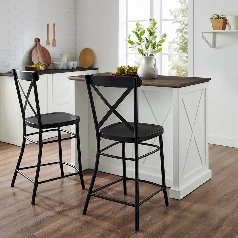 Distressed White Stationary Kitchen Island with Wood Top & 2 Stools