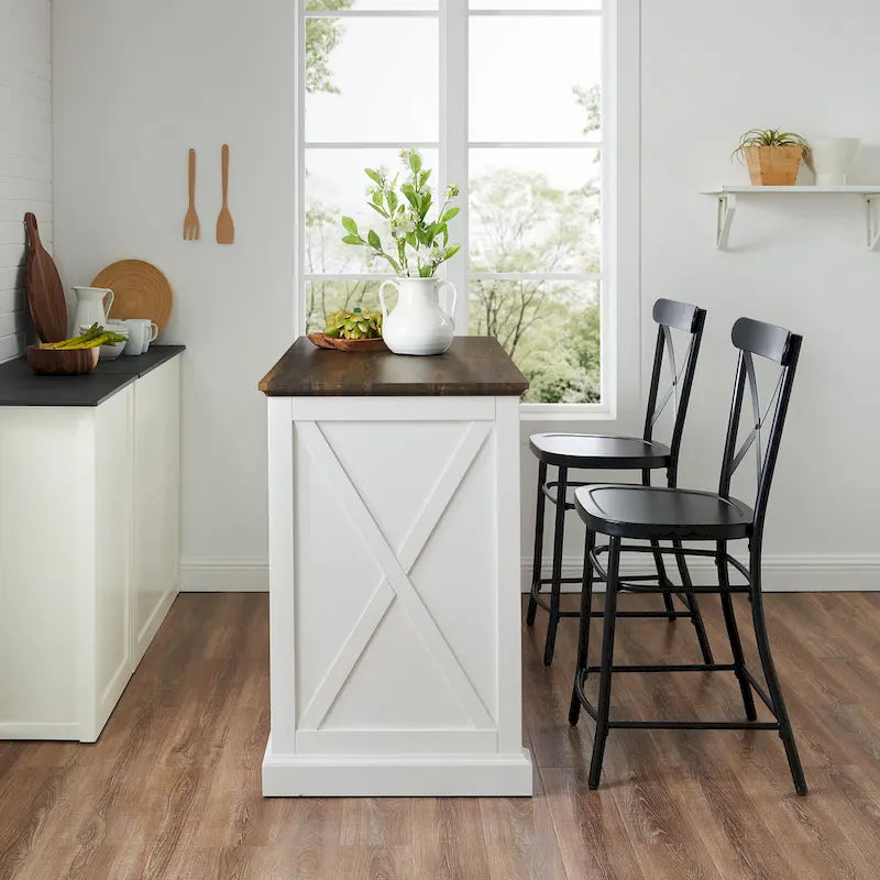 Distressed White Stationary Kitchen Island with Wood Top & 2 Stools