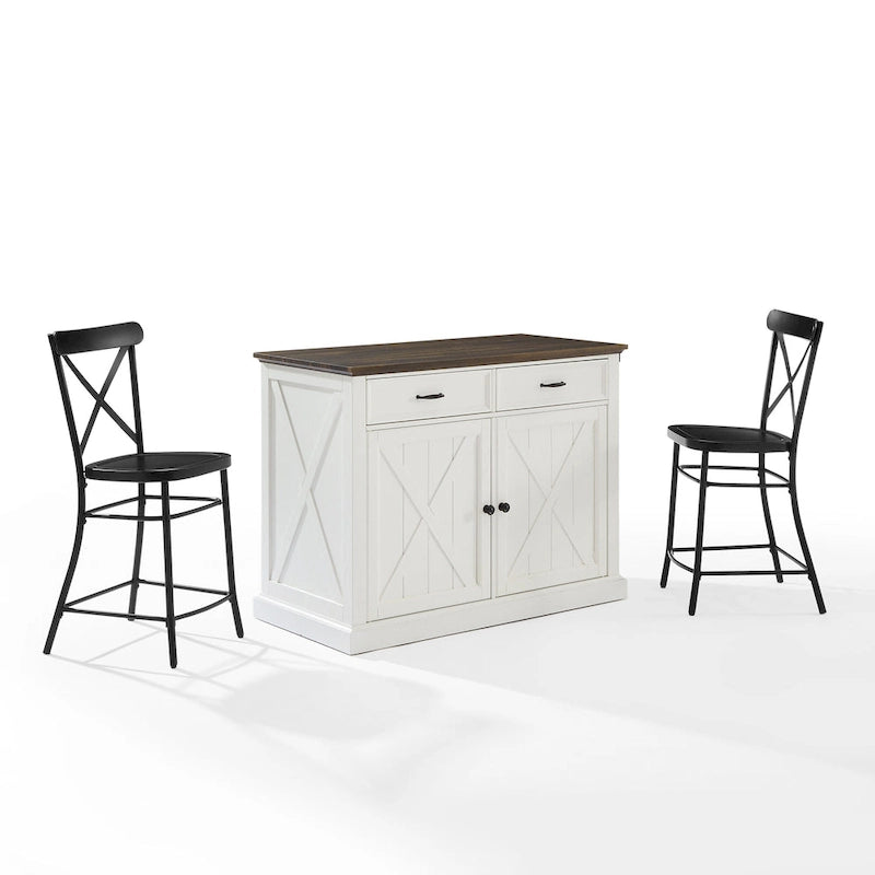 Distressed White Stationary Kitchen Island with Wood Top & 2 Stools