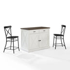 Distressed White Stationary Kitchen Island with Wood Top & 2 Stools