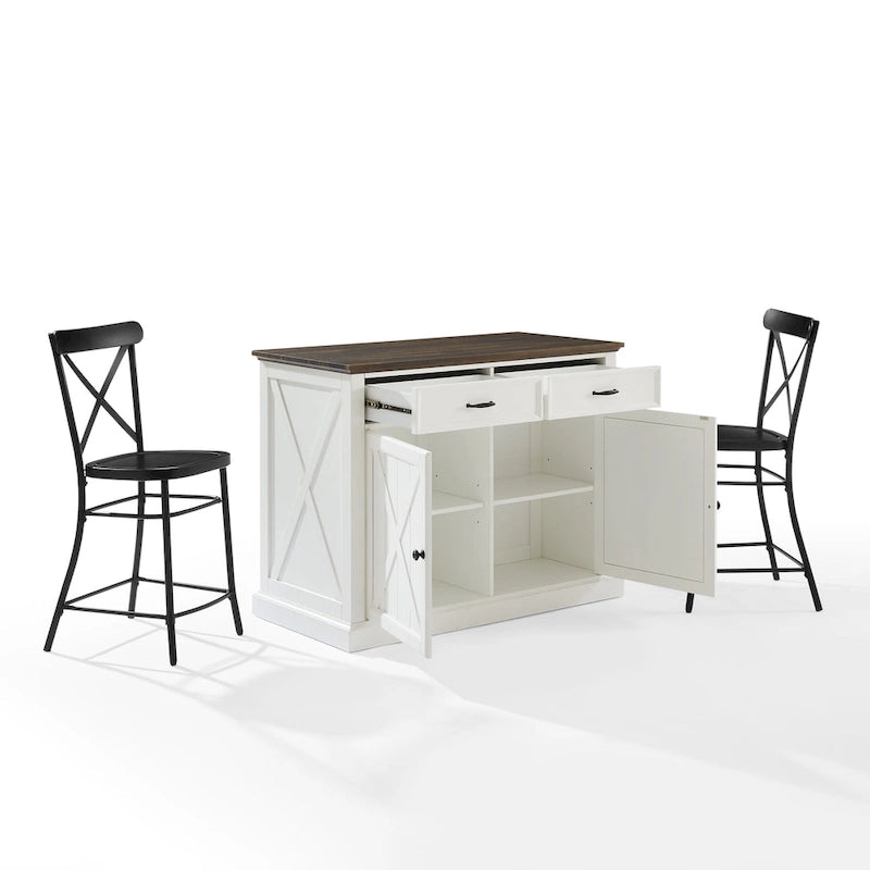 Distressed White Stationary Kitchen Island with Wood Top & 2 Stools