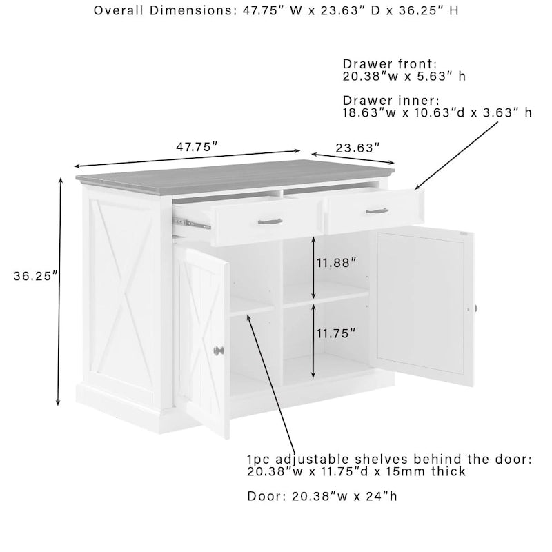 Distressed White Stationary Kitchen Island with Wood Top & 2 Stools