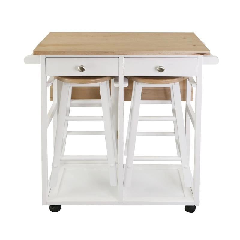 Natural Maple Top / White Base Drop-Leaf Kitchen Cart, Wood Counter
