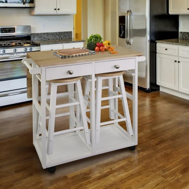Natural Maple Top / White Base Drop-Leaf Kitchen Cart, Wood Counter
