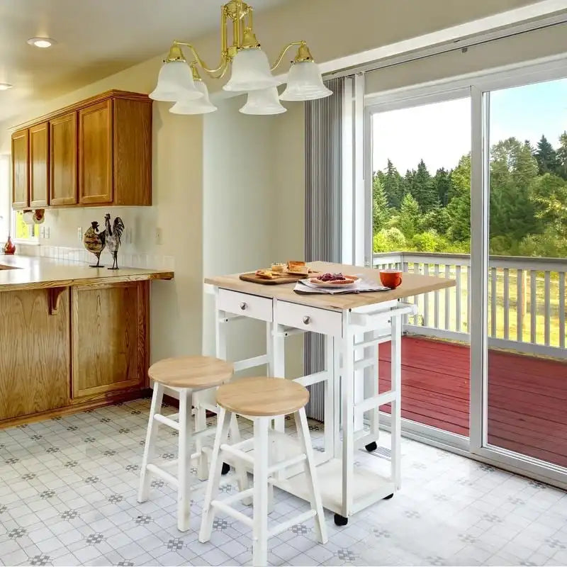 Natural Maple Top / White Base Drop-Leaf Kitchen Cart, Wood Counter