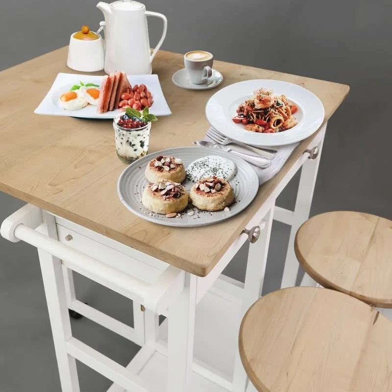 Natural Maple Top / White Base Drop-Leaf Kitchen Cart, Wood Counter