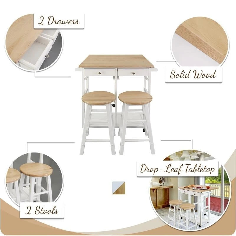 Natural Maple Top / White Base Drop-Leaf Kitchen Cart, Wood Counter