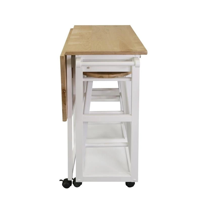 Natural Maple Top / White Base Drop-Leaf Kitchen Cart, Wood Counter