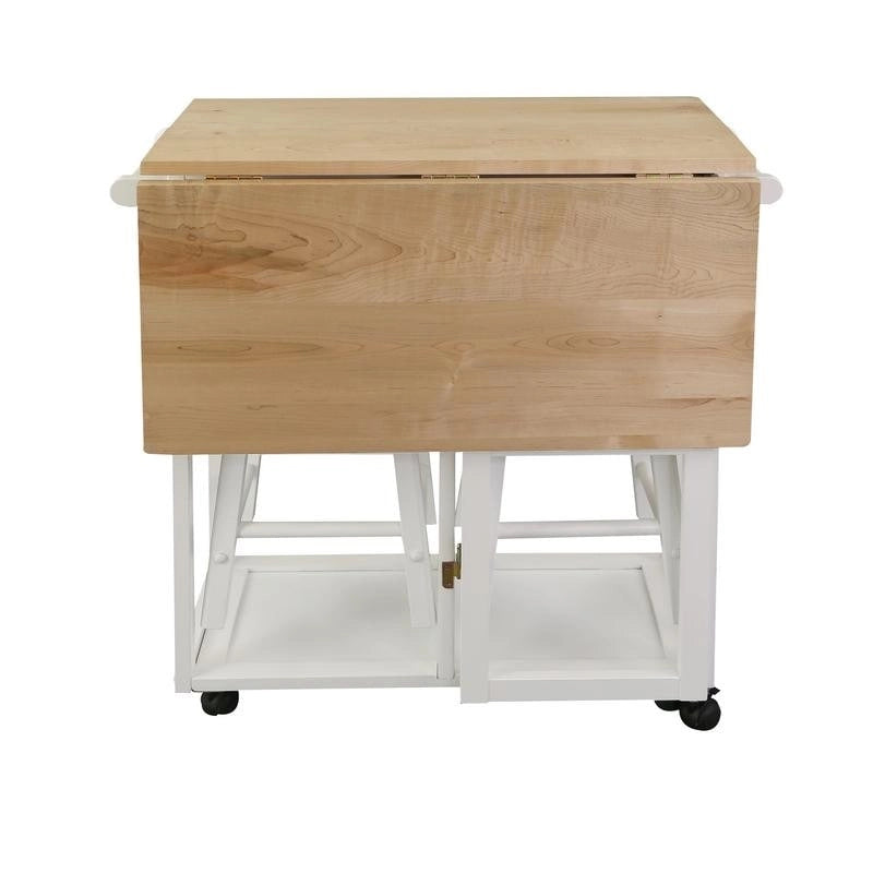 Natural Maple Top / White Base Drop-Leaf Kitchen Cart, Wood Counter