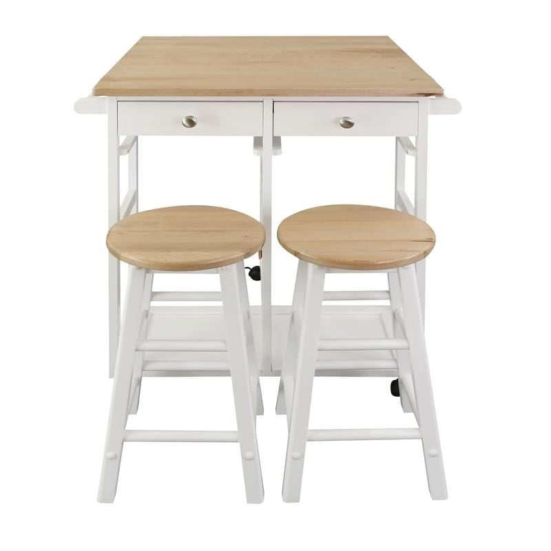 Natural Maple Top / White Base Drop-Leaf Kitchen Cart, Wood Counter