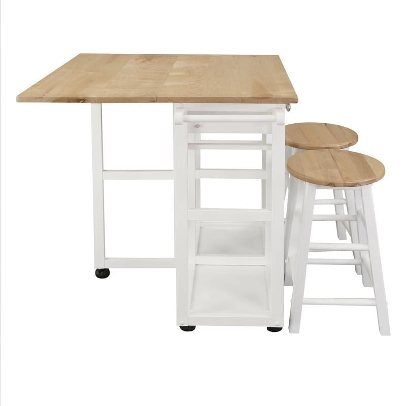 Natural Maple Top / White Base Drop-Leaf Kitchen Cart, Wood Counter