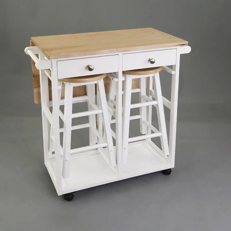 Natural Maple Top / White Base Drop-Leaf Kitchen Cart, Wood Counter