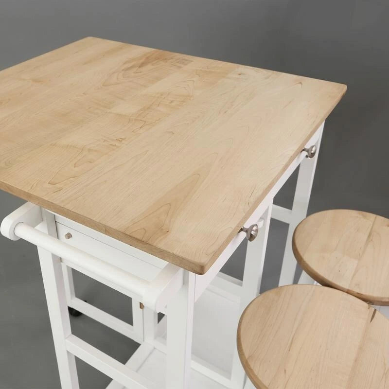 Natural Maple Top / White Base Drop-Leaf Kitchen Cart, Wood Counter