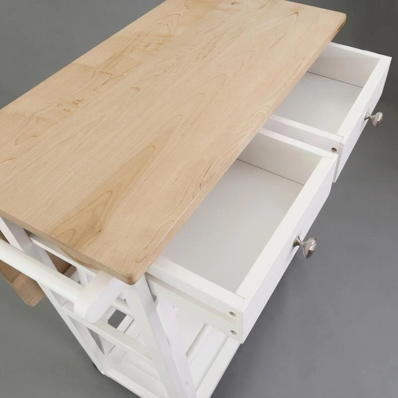 Natural Maple Top / White Base Drop-Leaf Kitchen Cart, Wood Counter