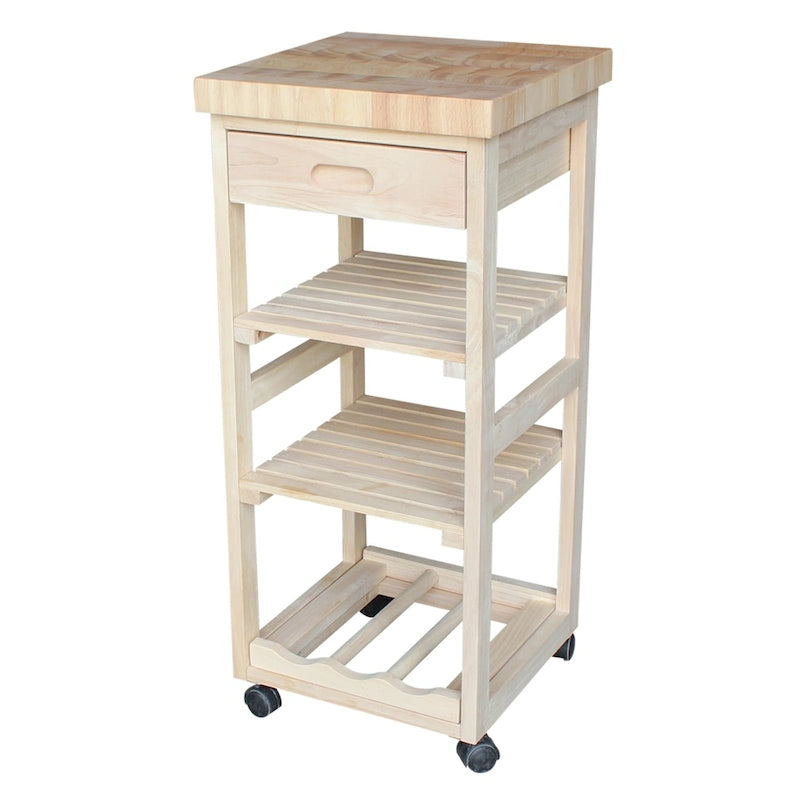 Unfinished Wood Kitchen Cart with Wine Rack, 1-Person Use
