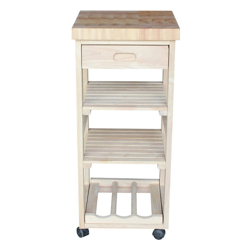 Unfinished Wood Kitchen Cart with Wine Rack, 1-Person Use