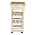 Unfinished Wood Kitchen Cart with Wine Rack, 1-Person Use