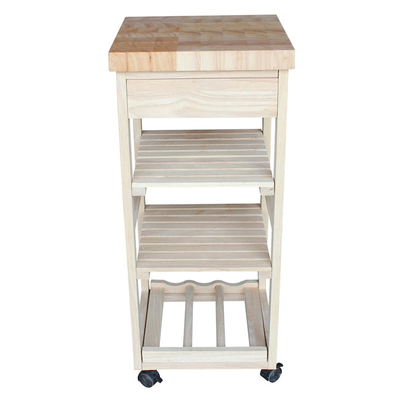 Unfinished Wood Kitchen Cart with Wine Rack, 1-Person Use
