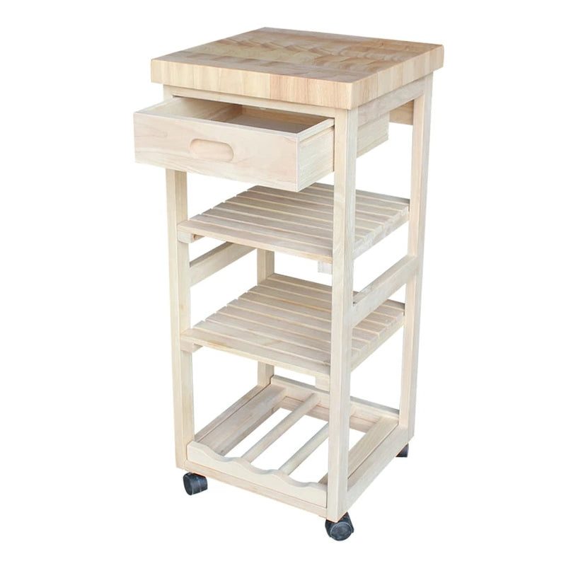 Unfinished Wood Kitchen Cart with Wine Rack, 1-Person Use