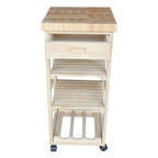 Unfinished Wood Kitchen Cart with Wine Rack, 1-Person Use