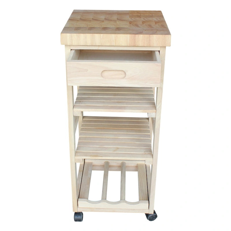 Unfinished Wood Kitchen Cart with Wine Rack, 1-Person Use