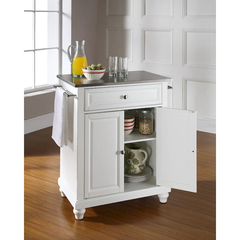 White Portable Kitchen Island, Stainless Steel Top, Single User