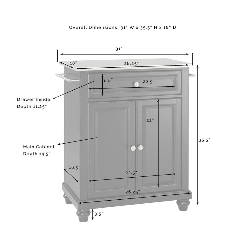 White Portable Kitchen Island, Stainless Steel Top, Single User