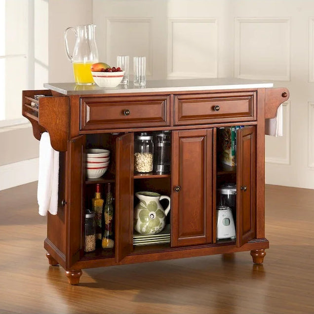 Brown Stationary Kitchen Island with Stainless Steel Top, 1-Person