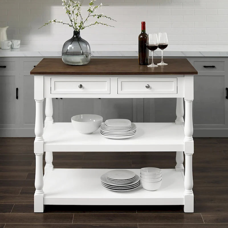 White / Stationary / Wood Top Kitchen Island