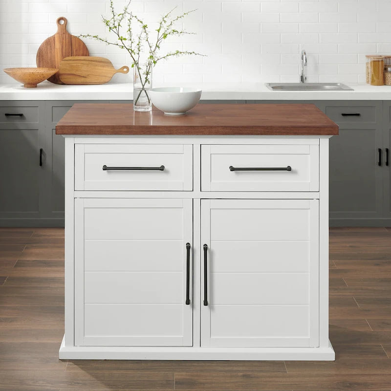 White Stationary Kitchen Island, Wood Top, Seats 2 – 27"D x 42"W x 36"H