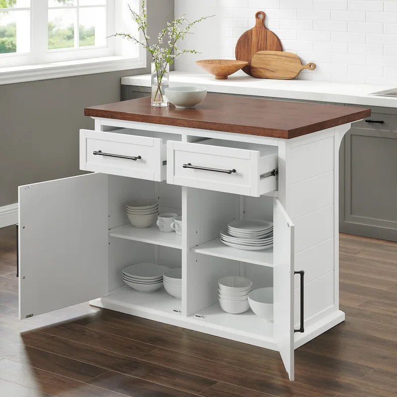 White Stationary Kitchen Island, Wood Top, Seats 2 – 27"D x 42"W x 36"H