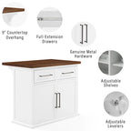White Stationary Kitchen Island, Wood Top, Seats 2 – 27"D x 42"W x 36"H