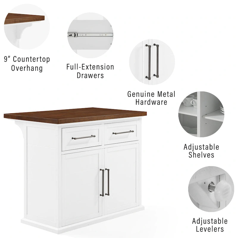 White Stationary Kitchen Island, Wood Top, Seats 2 – 27"D x 42"W x 36"H