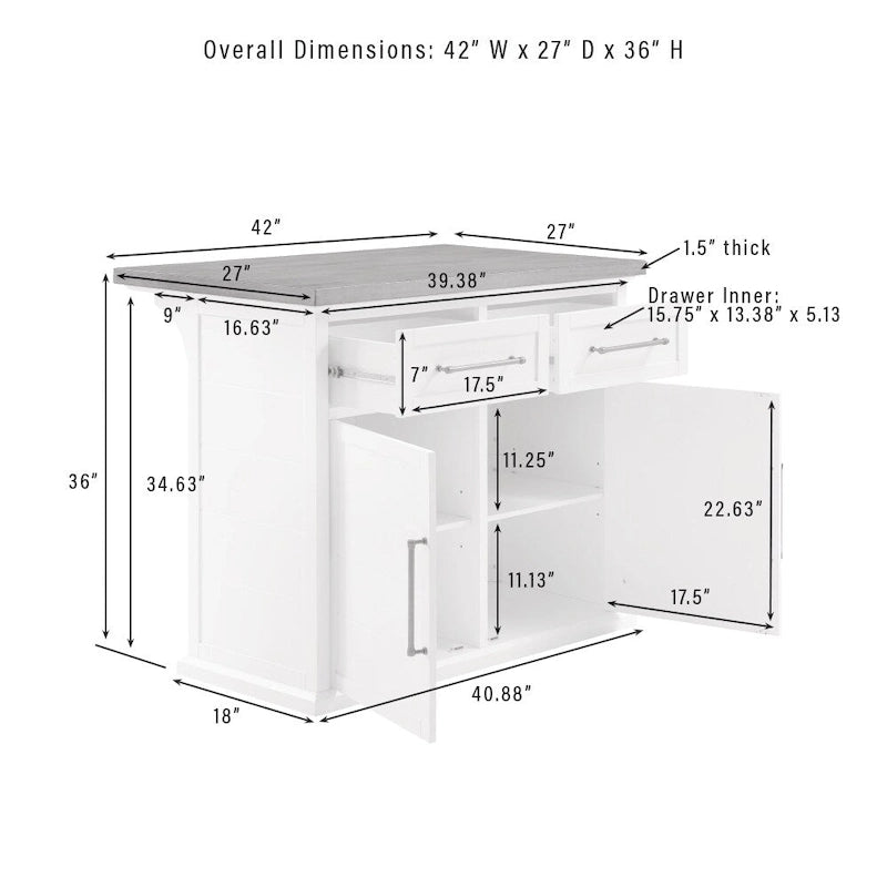 White Stationary Kitchen Island, Wood Top, Seats 2 – 27"D x 42"W x 36"H