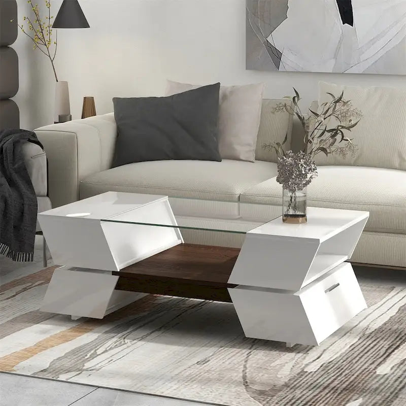 White / Black 2-Tier Geometric Glass Top Coffee Table with Storage
