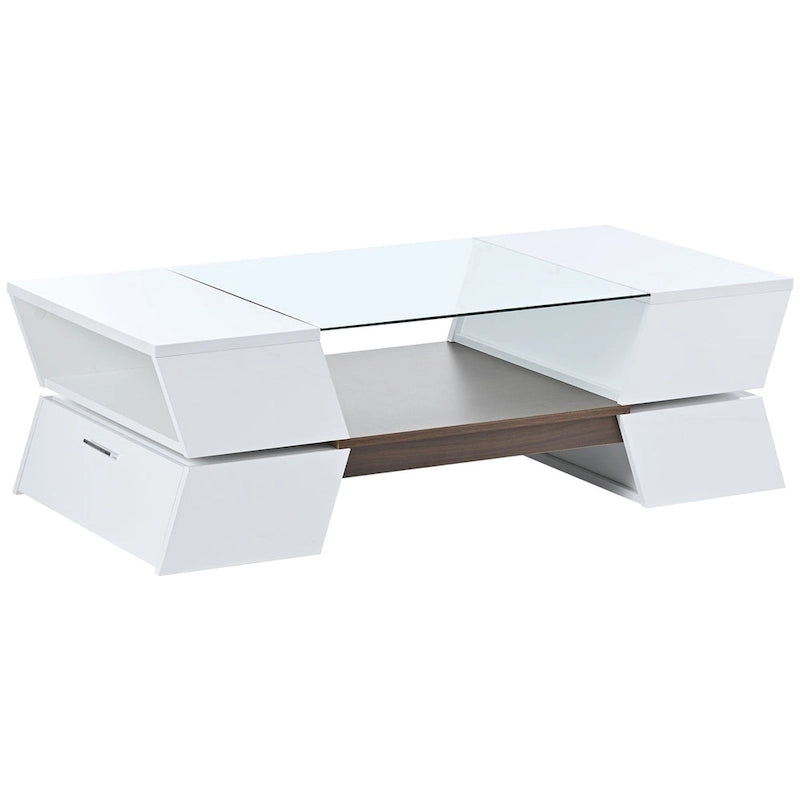 White / Black 2-Tier Geometric Glass Top Coffee Table with Storage