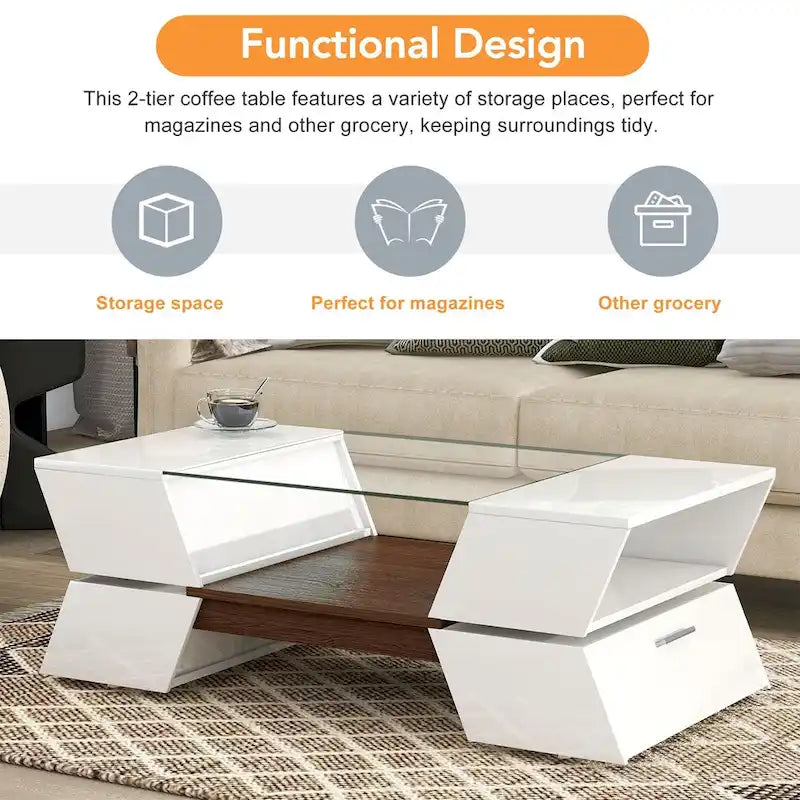White / Black 2-Tier Geometric Glass Top Coffee Table with Storage