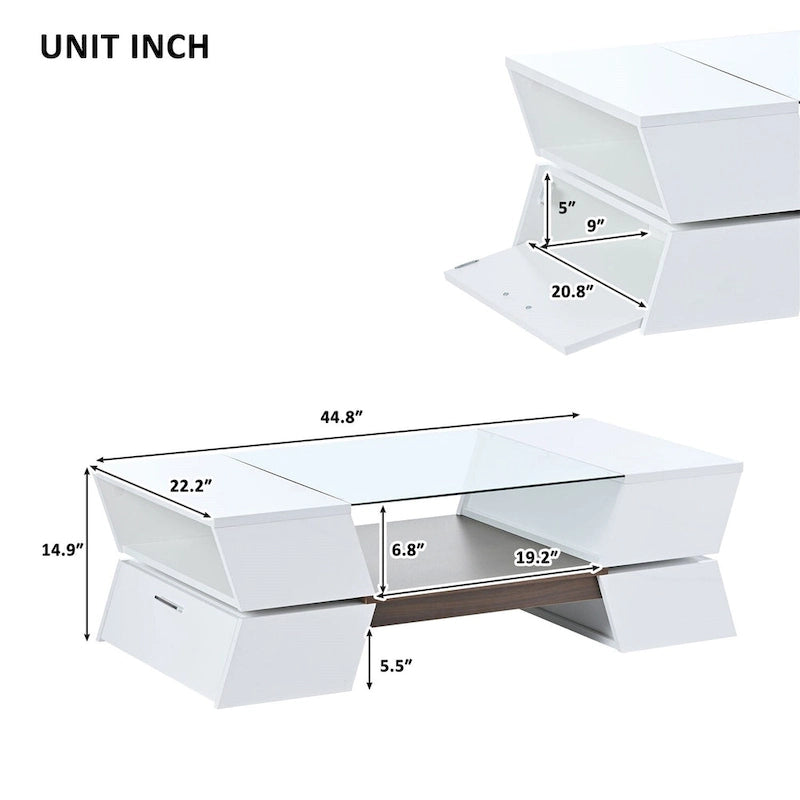White / Black 2-Tier Geometric Glass Top Coffee Table with Storage