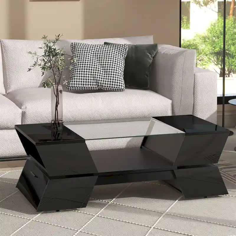 White / Black 2-Tier Geometric Glass Top Coffee Table with Storage