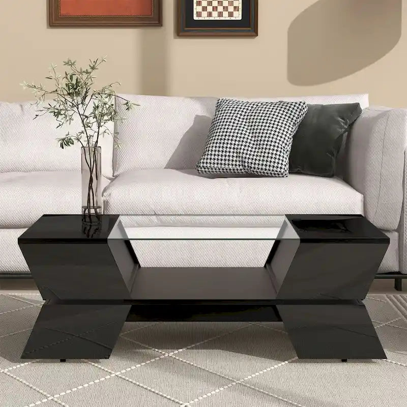 White / Black 2-Tier Geometric Glass Top Coffee Table with Storage