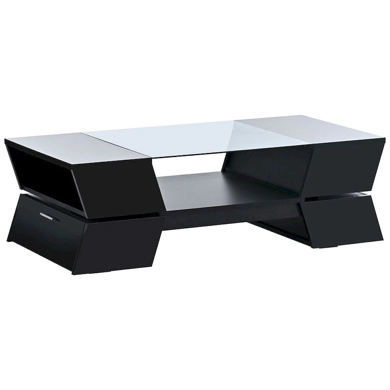 White / Black 2-Tier Geometric Glass Top Coffee Table with Storage
